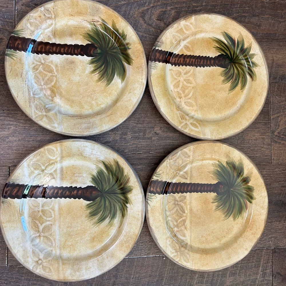 Tabletops Unlimited Bellagio Palm Tree Hand Painted Salad Plates Set of 4 8.5"